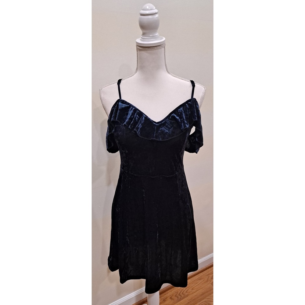 WOMEN AMERICAN EAGLE BLUE VELVET STRETCH OFF SHOULDER RUFFLE DRESS SIZE MEDIUM M